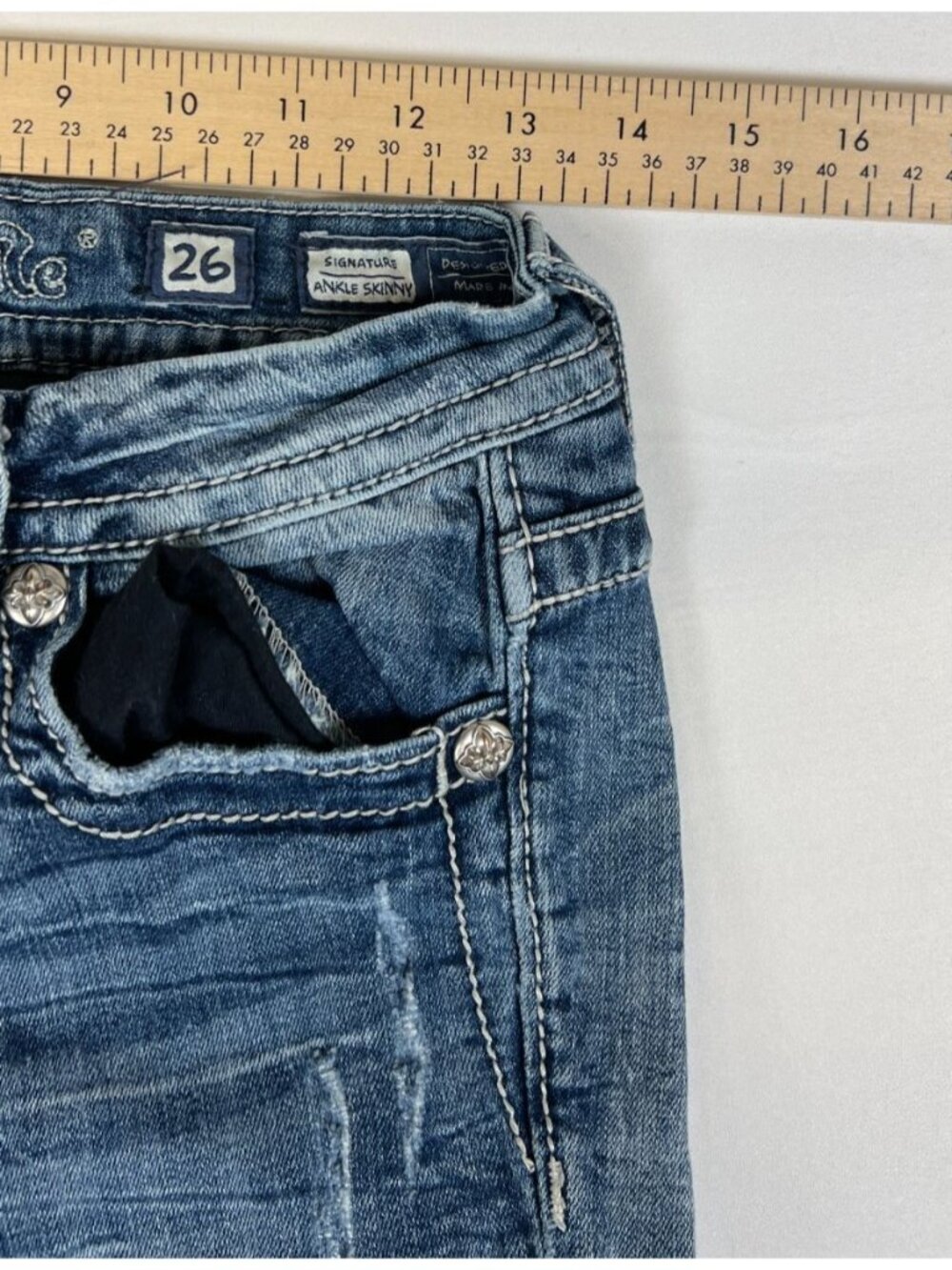 Miss Me Women 26 29 Inseam Ankle Skinny Blue Denim Distressed Embellished Pocket - Picture 8 of 11